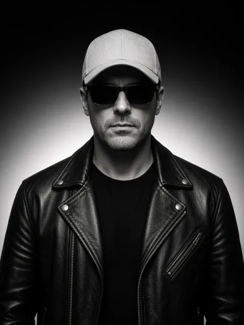 Edgy Man in Leather Jacket B&W Portrait