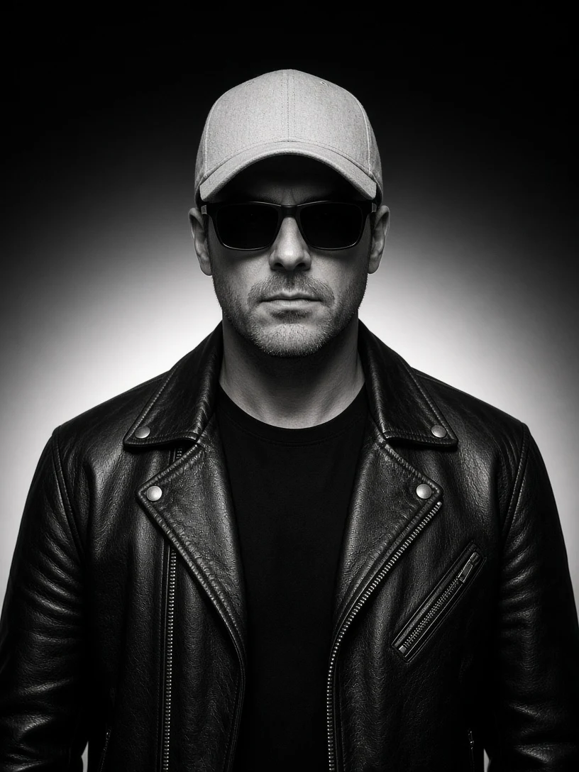 Edgy Man in Leather Jacket B&W Portrait