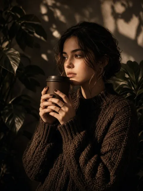 Pensive woman holding coffee