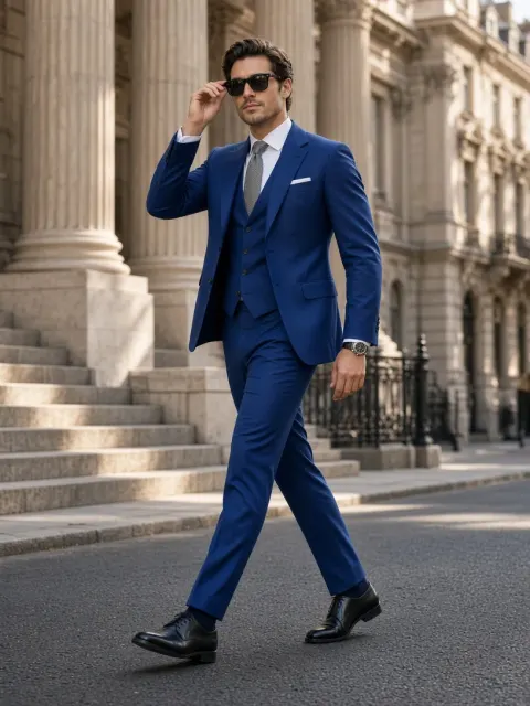 Cinematic Street Portrait of a Man in a Blue Suit