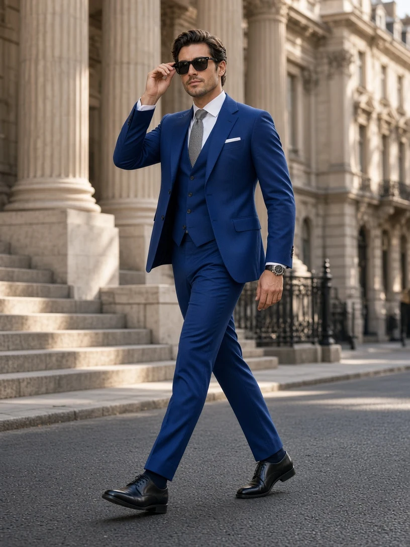 Cinematic Street Portrait of a Man in a Blue Suit