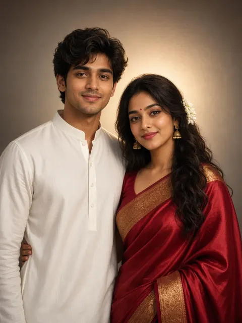 Crimson Saree and Cream Kurta Studio Portrait