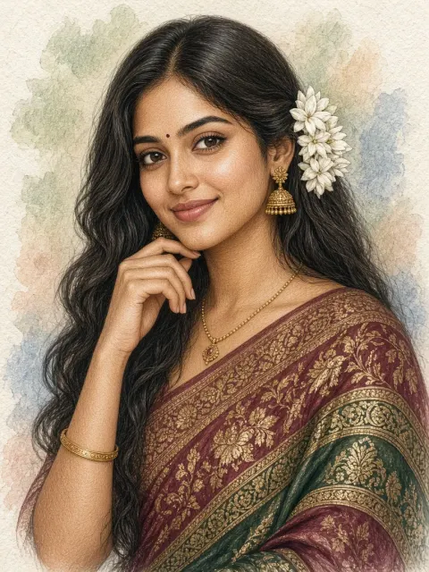 Beautiful Smiling Girl in Saree Illustration