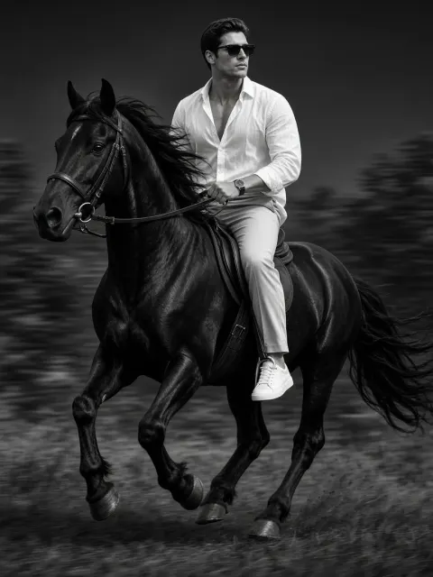 Stylish Man Riding Dark Horse Black and White Portrait