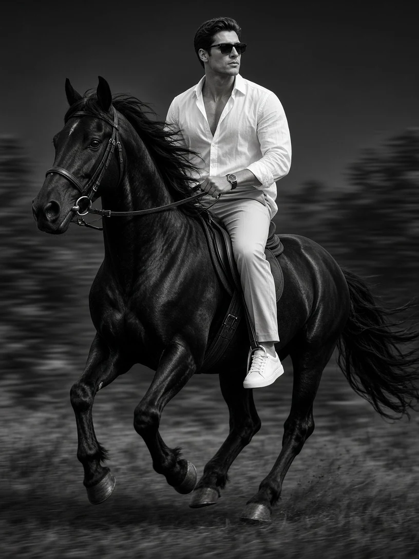 Stylish Man Riding Dark Horse Black and White Portrait