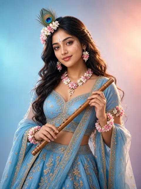 Beautiful Radha Portrait with Floral Jewelry and Flute
