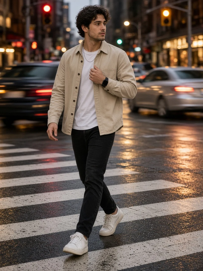 Stylish man walking city street