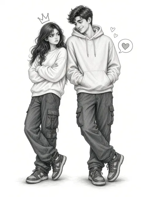 Matching Hoodie Couple Pencil Illustration