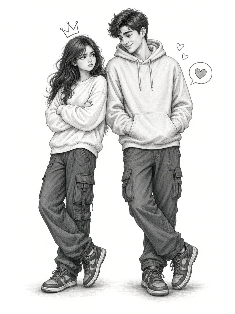 Matching Hoodie Couple Pencil Illustration