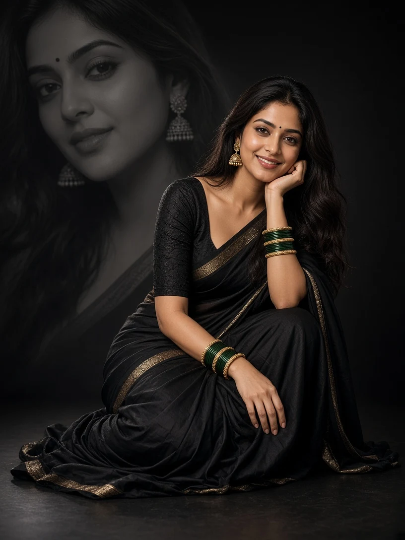 Black Saree Portrait with Monochrome Face Overlay
