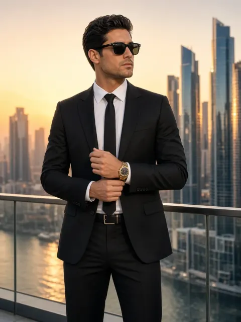 Suited Man Against Skyscraper Sunset