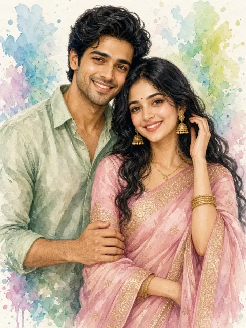 Romantic Desi Couple Illustration with Floral Splash