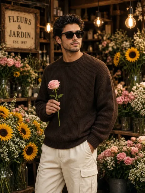Stylish Man Holding Rose Among Sunflowers