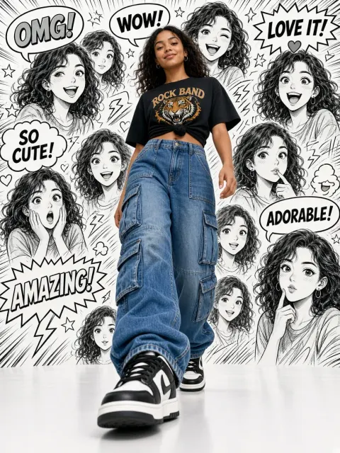 Low Angle Streetwear Woman Manga Background Photo Prompt