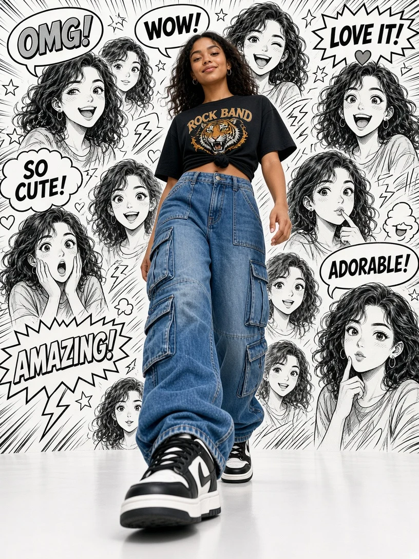 Low Angle Streetwear Woman Manga Background Photo Prompt