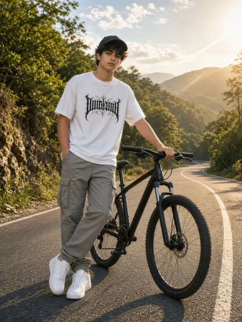 Biker on mountain road