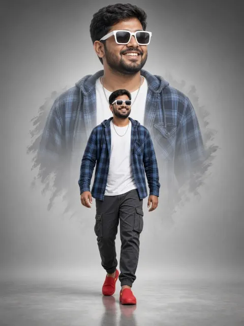 Striding Forward Against a Faded Smiling Backdrop