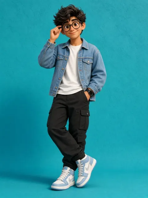 3D Cartoon Boy in Denim Jacket