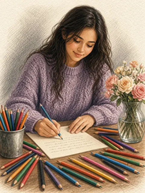 Colored Pencil Sketch of Woman Writing
