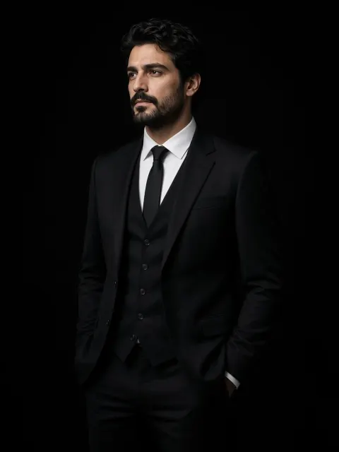 Man in Classic Black Three-Piece Suit