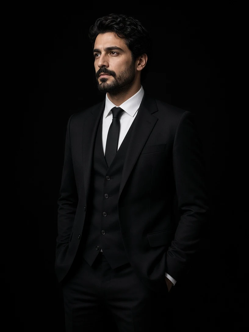 Man in Classic Black Three-Piece Suit