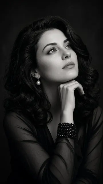 Black and White Thoughtful Woman Portrait AI Prompt