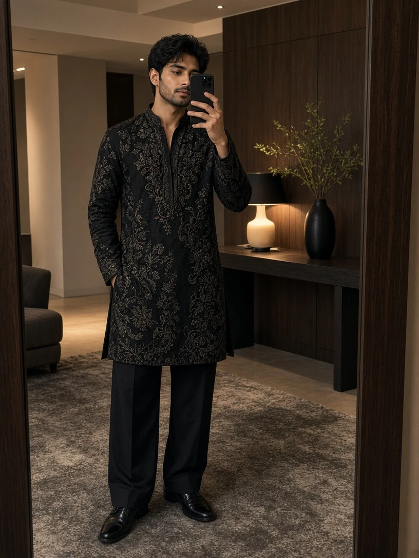 Stylish Indian Man With Kurta Mirror Selfie