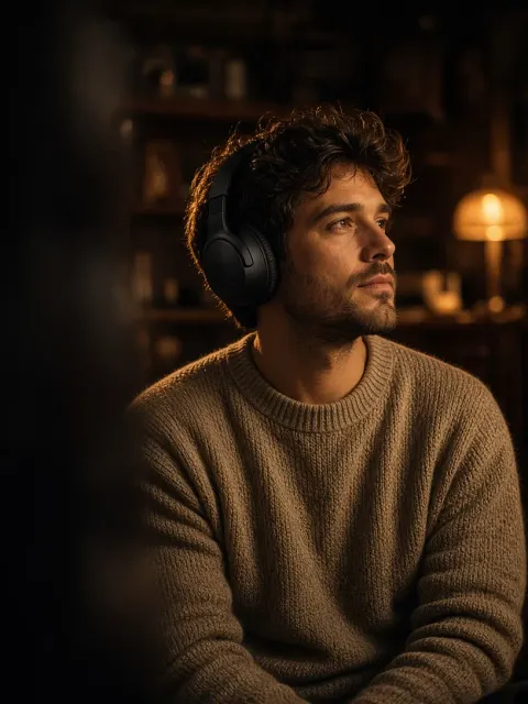 Cinematic Portrait of Man Relaxing with Music