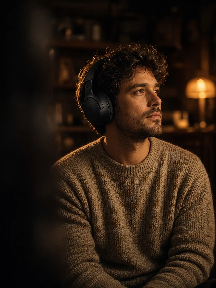 Cinematic Portrait of Man Relaxing with Music