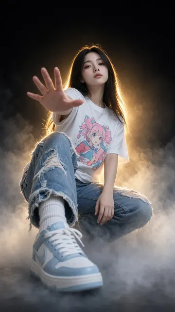 Cinematic Smoke Crouching Girl Sneaker Photo AI Prompt