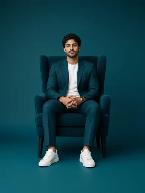 Monochromatic Deep Teal Suit Portrait AI Prompt