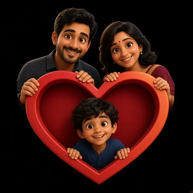 3D Animated Family Portrait in Heart Frame