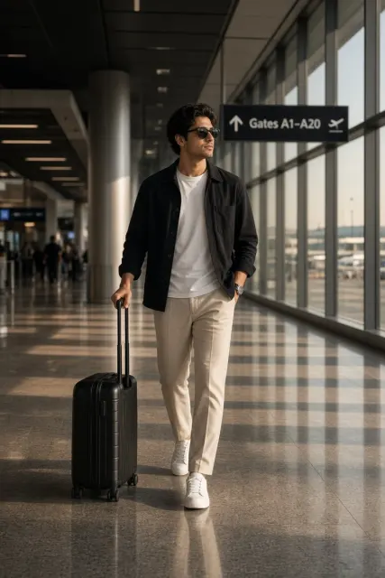 Man Walking with Luggage in Airport Terminal