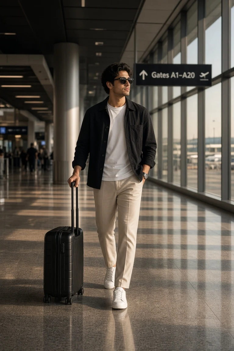 Man Walking with Luggage in Airport Terminal