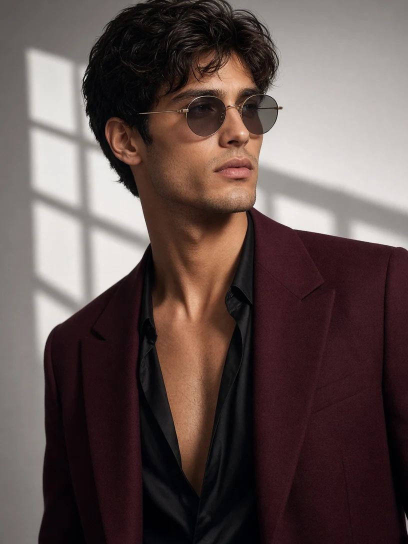 Man in Maroon Suit with Round Sunglasses