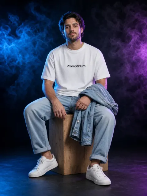 Casual Denim Fashion Portrait with Colorful Smoke