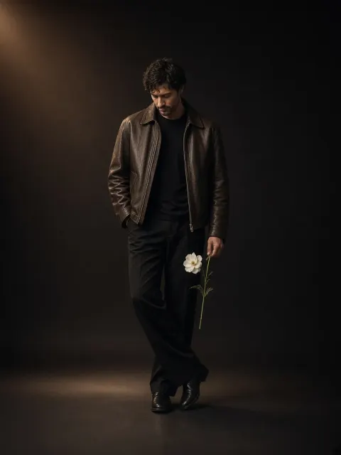 Romantic Man in Leather Jacket Holding White Rose