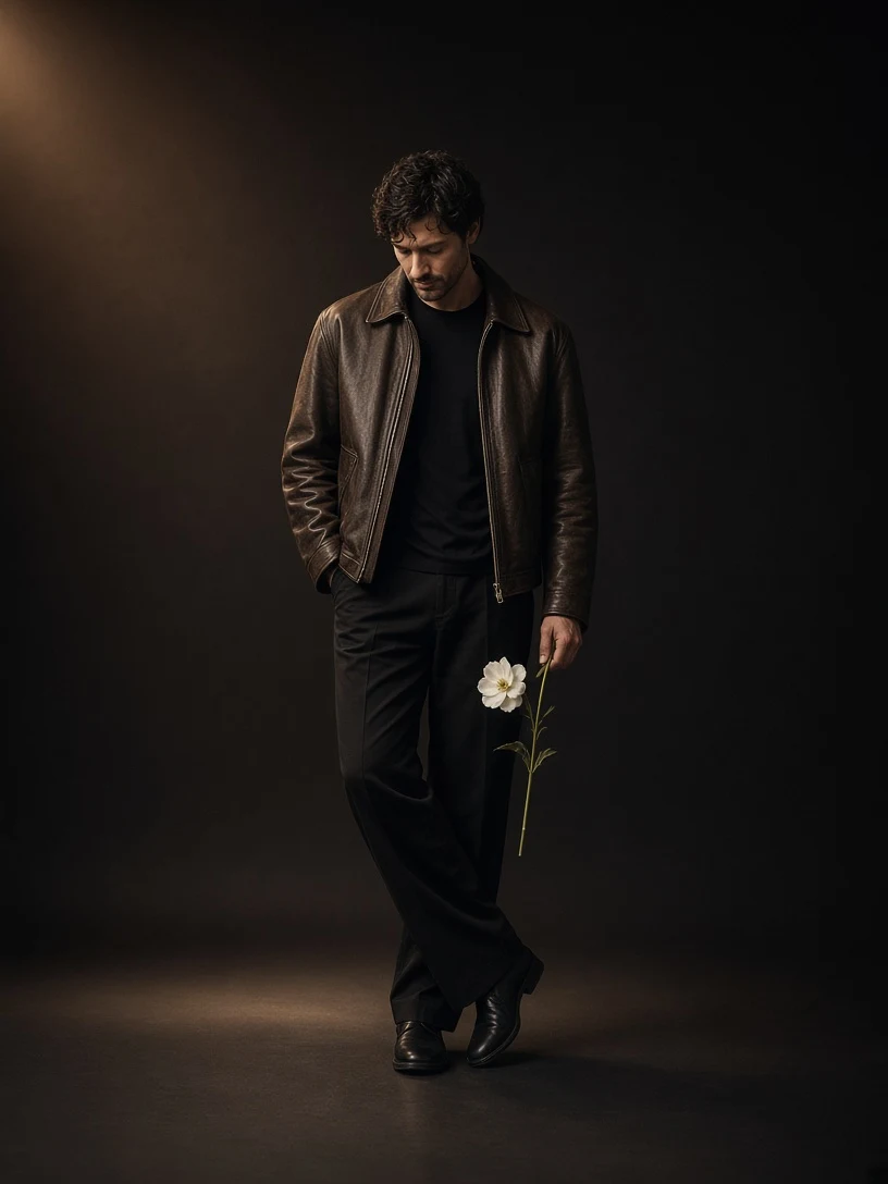 Romantic Man in Leather Jacket Holding White Rose
