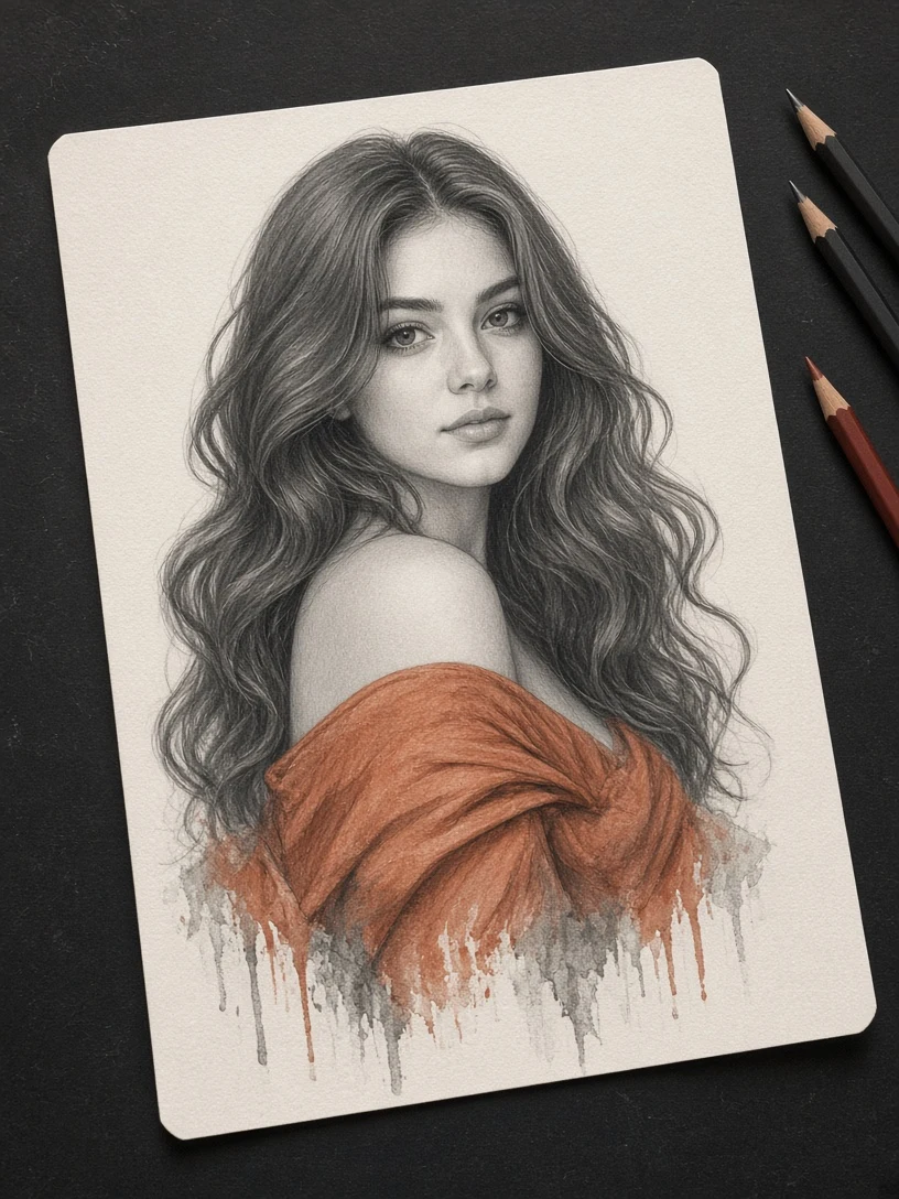 Graphite & Color Female Sketch AI Art
