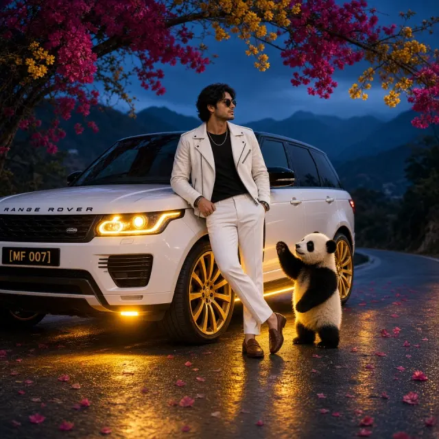 Stylish Young Man with SUV and Panda