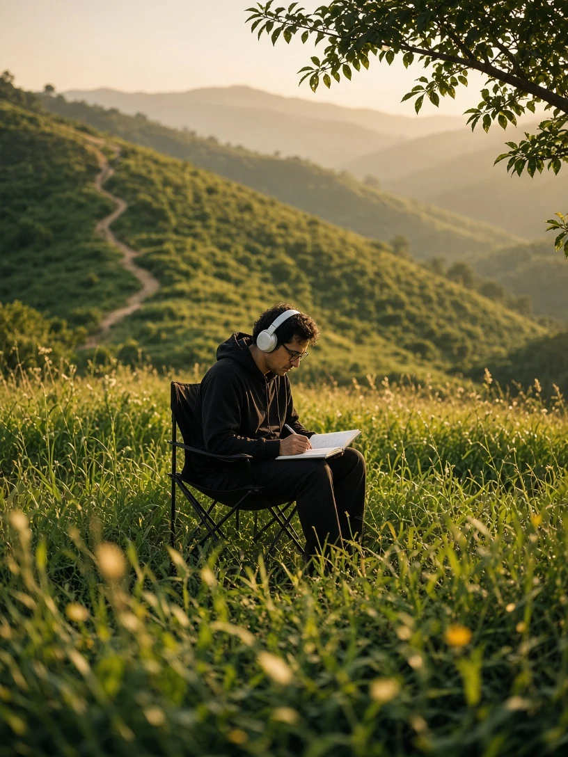 Man Journaling in Green Meadow Photo AI Prompt