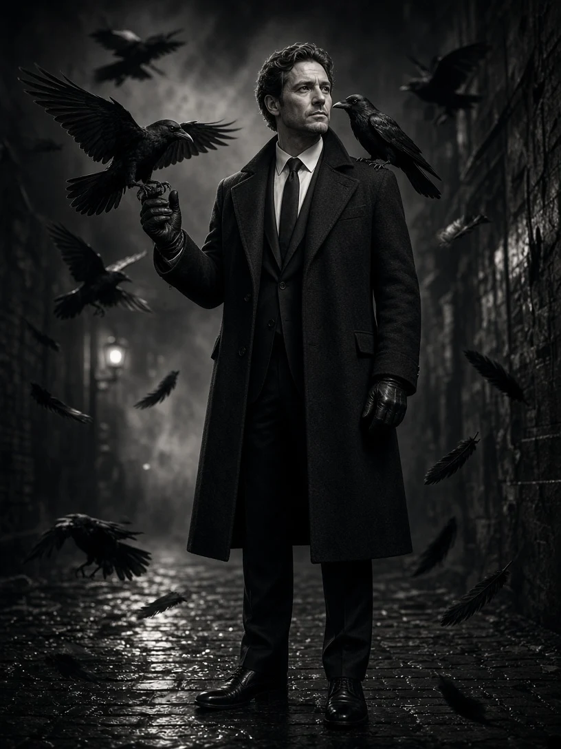 B&W Noir Portrait with Swirling Crows