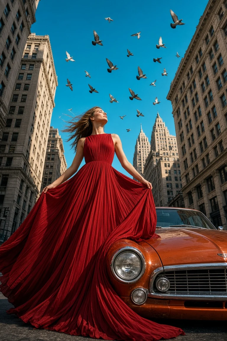 NYC Vintage Car Red Dress Editorial Photo Prompt