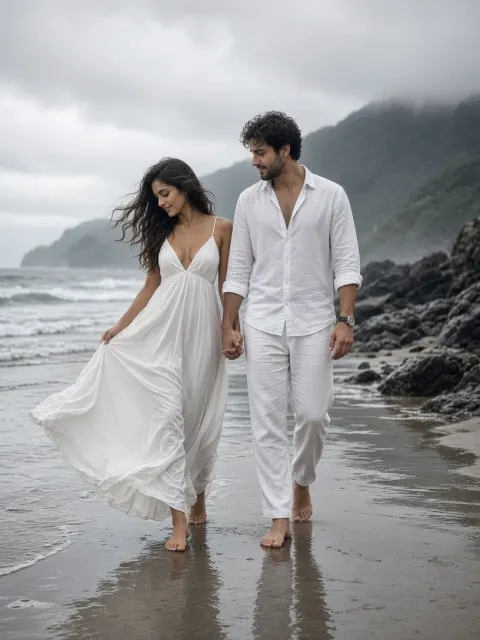 Romantic Couple Walking on Beach