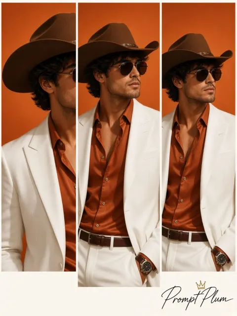 Man Orange Shirt White Suit 3 Panel Photo Prompt