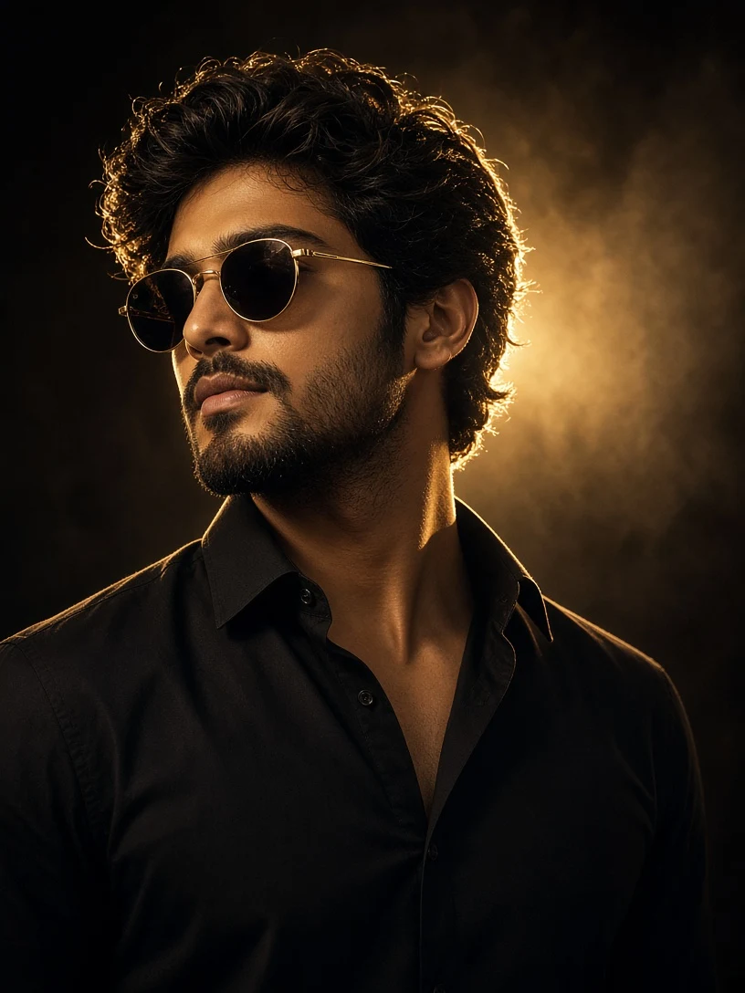 Cinematic Amber Backlit Male Portrait AI Prompt