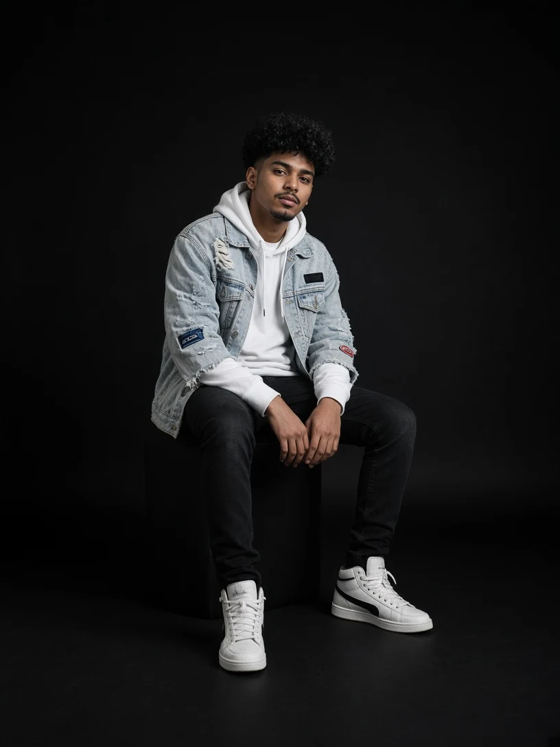 Boy Sitting in Denim Jacket on Dark Studio