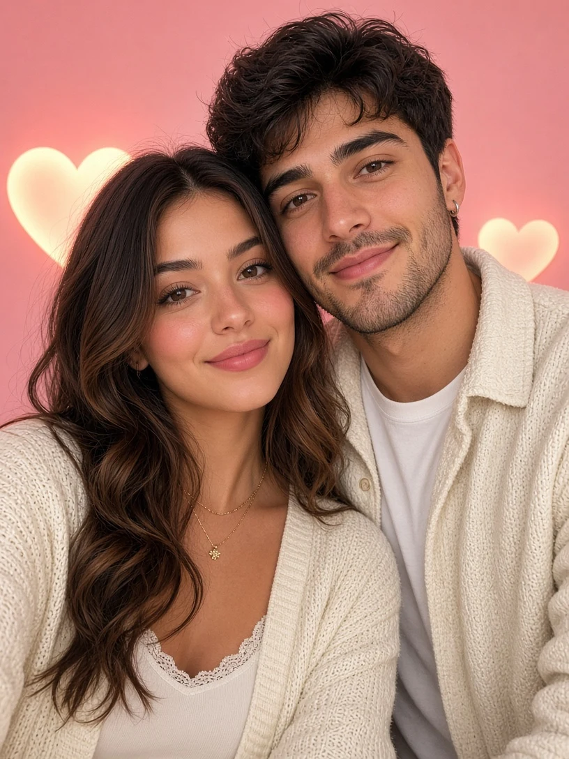 Romantic Couple Selfie on Pink Background