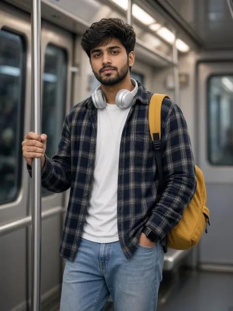 Young Man Commuting on a Modern Subway Train
