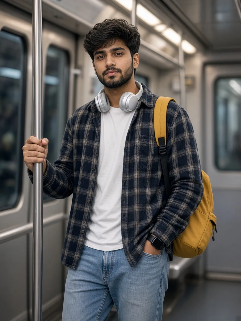 Young Man Commuting on a Modern Subway Train